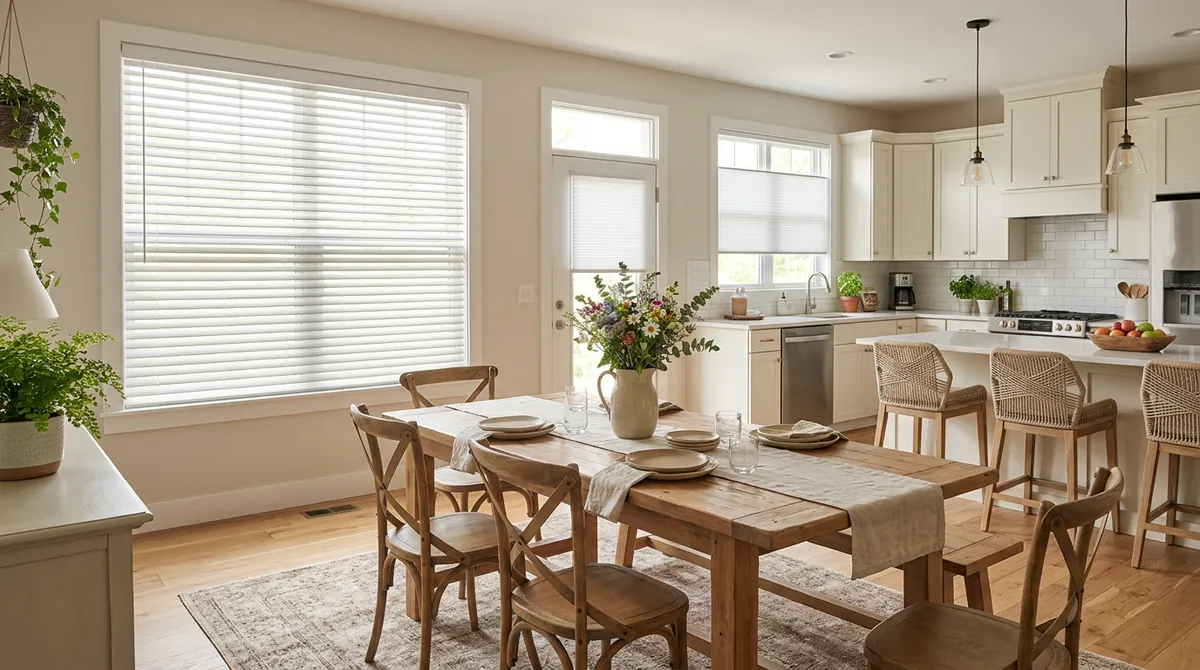 Everyday Blinds in a Welcoming Home | Music City Blinds A welcoming bright kitchen and dining area with windows dressed in white faux wood blinds and cellular shades, a farmhouse table and fresh flowers, soft morning light