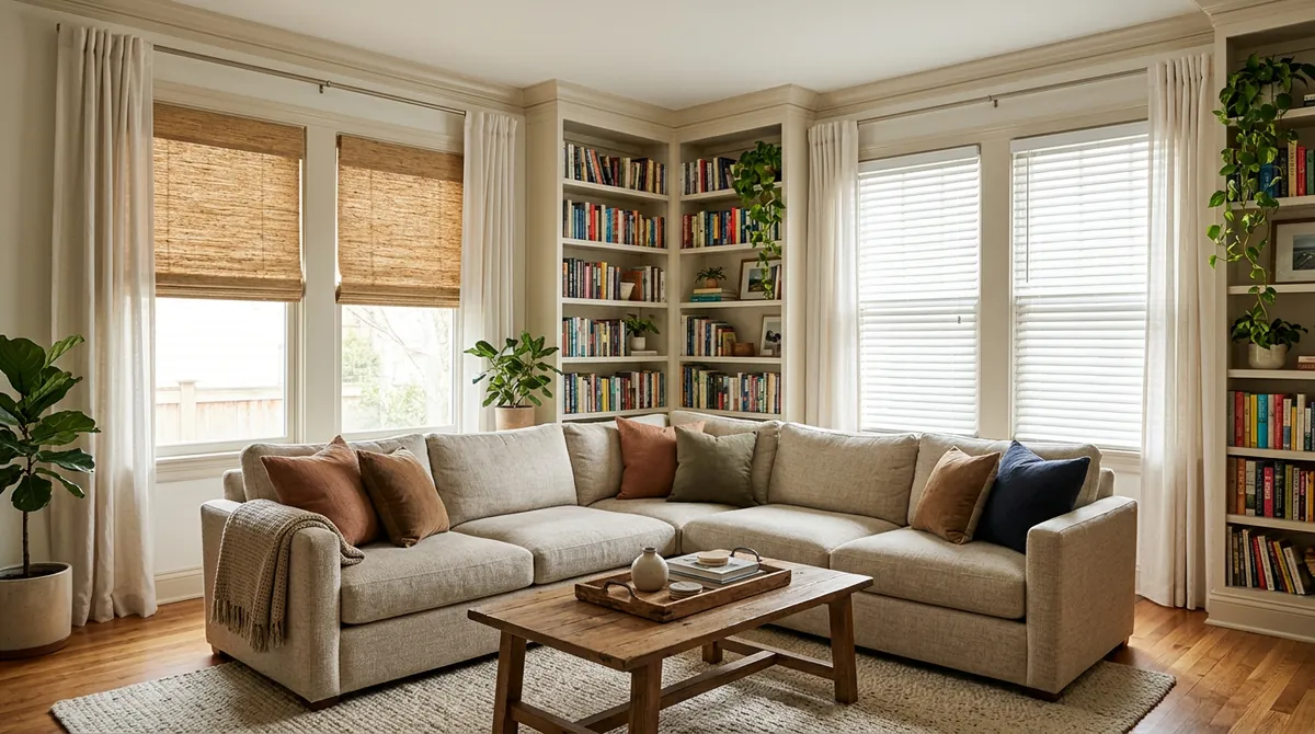 Custom Blinds and Shades in a Family Home | Music City Blinds A warm family living room with windows dressed in a mix of natural woven shades and white faux wood blinds, a comfortable sectional and bookshelves, soft light