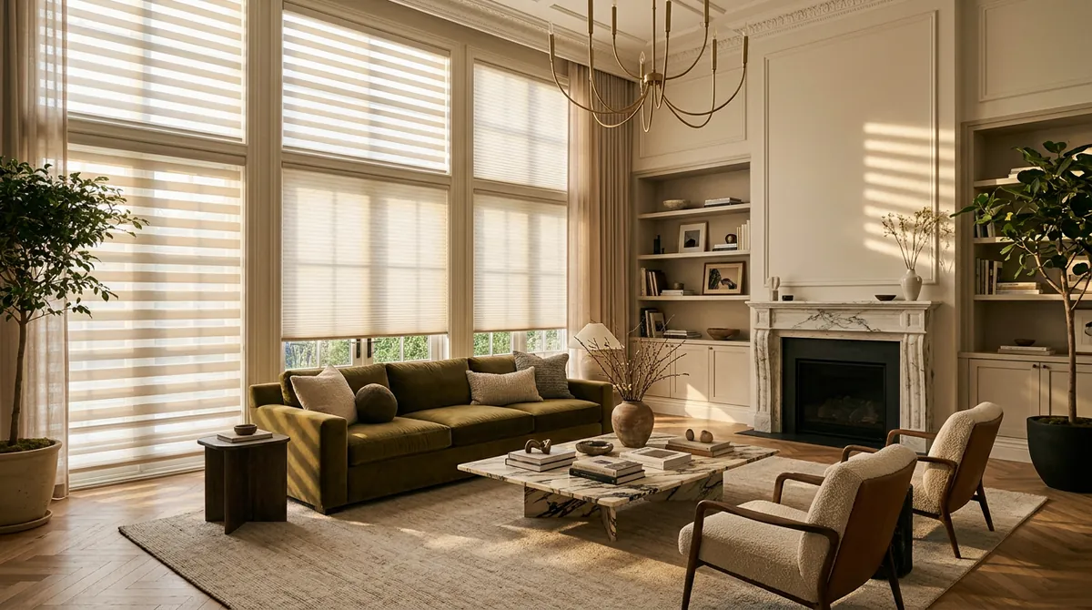 Luxury Shades in a Designer Living Room | Music City Blinds A luxury designer living room with tall windows dressed in elegant sheer layered shades and soft cellular shades, a velvet sofa, a marble coffee table and warm afternoon light