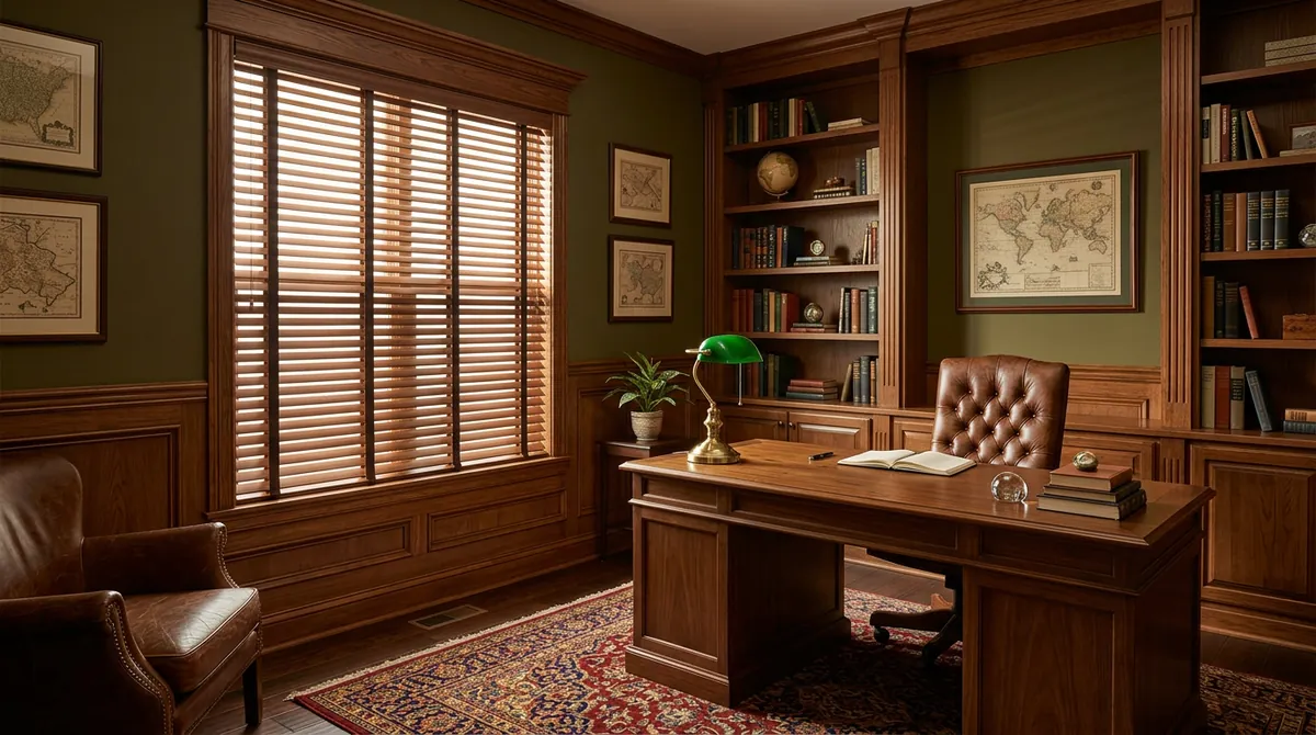 Classic Blinds in a Tidy Study | Music City Blinds A tidy study with a window dressed in classic stained wood blinds and matching trim, a desk, a lamp and leather chairs, warm light