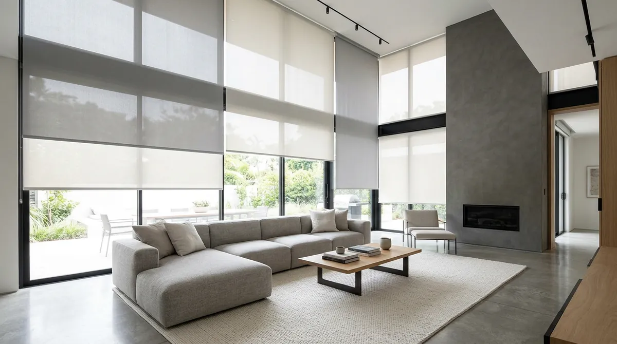 Motorized Smart Shades in a Modern Home | Music City Blinds A sleek modern great room with floor-to-ceiling windows dressed in large motorized roller shades partly lowered at different heights, a minimalist sofa and soft daylight
