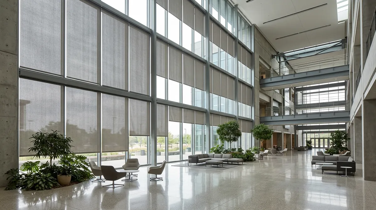 Commercial Solar Shades in a Glass Building | Music City Blinds A modern commercial atrium with a tall glass curtain wall dressed in large solar roller shades lowered at varied heights, a polished floor and seating, bright diffused light