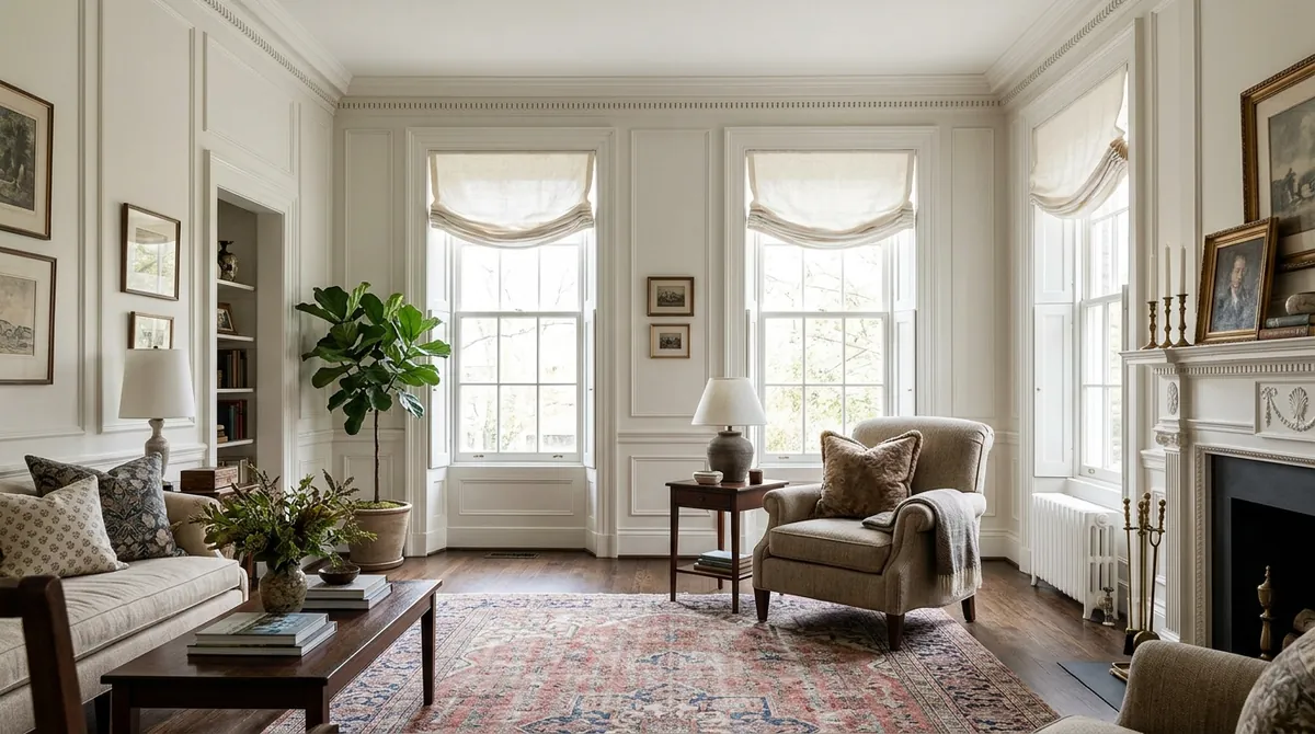 Shutters and Shades in a Traditional Home | Music City Blinds A traditional living room with tall windows dressed in white shutters and soft roman shades, a rug and an armchair, bright airy light