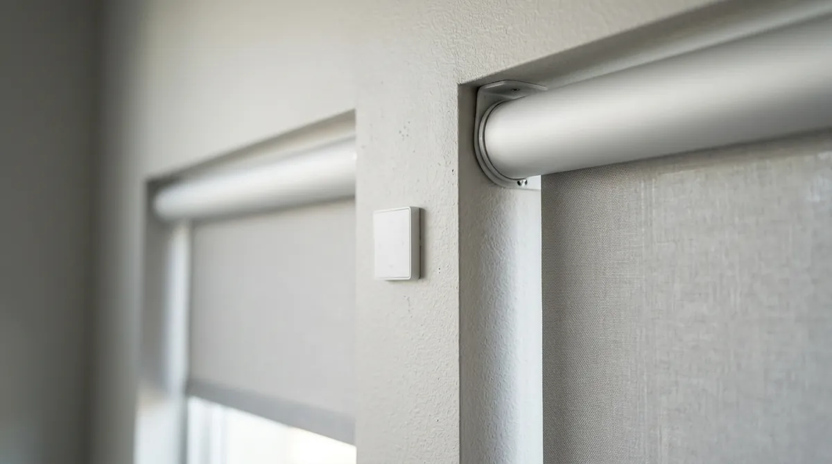 Motor and Control Hardware Detail | Music City Blinds A macro close-up of a slim shade motor housing and a small wall control switch beside a window with a lowered roller shade, soft daylight, shallow depth of field