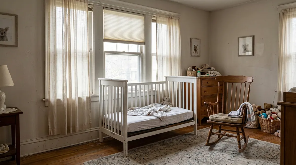 After: Child-Safe Cordless Shades | Music City Blinds After: The same nursery, crib and rocking chair, now with cordless cream blackout cellular shades with no cords visible, same angle and same light