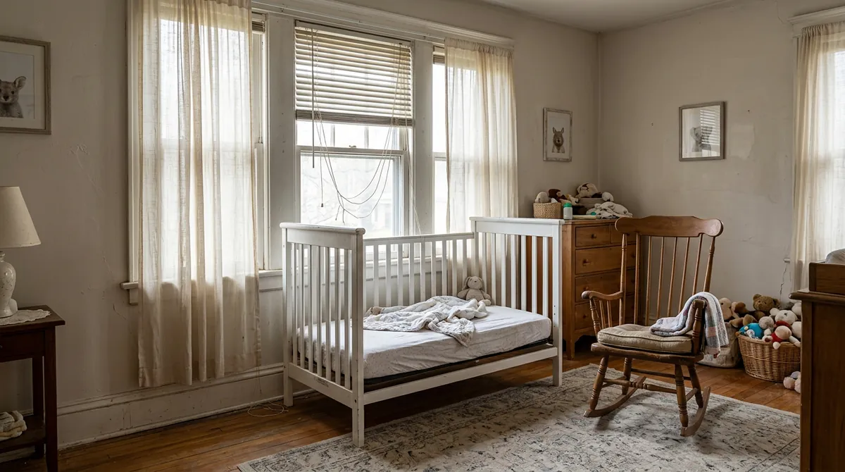 Before: Corded Curtains | Music City Blinds Before: A nursery with a window with old thin curtains and dangling blind cords hanging near a white crib, a rocking chair