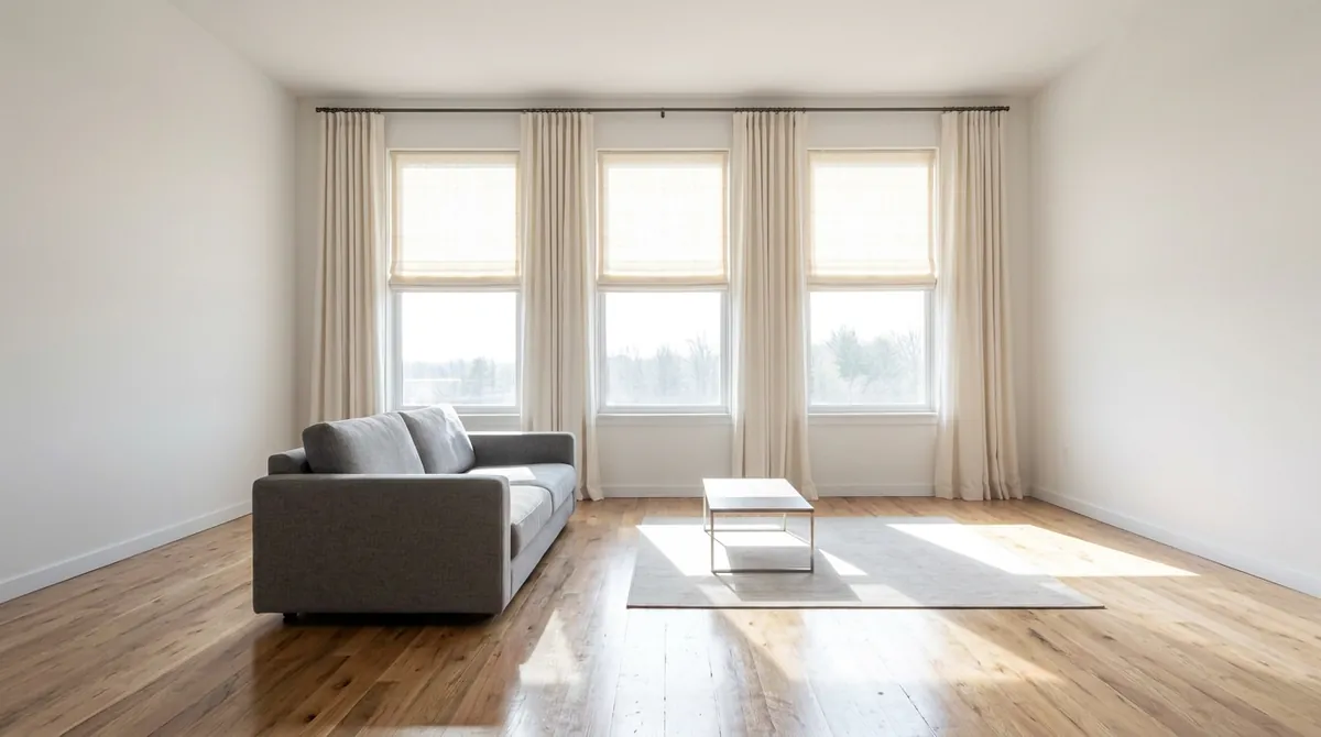 After: Layered Window Treatments | Music City Blinds After: The same living room, sofa, floor and walls, now with the same three windows dressed in cream light-filtering shades half lowered and floor-length linen drapery panels, soft glowing light, same angle and same light
