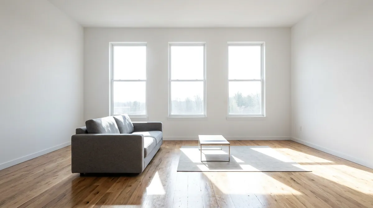 Before: Bare Windows | Music City Blinds Before: A living room with three tall bare windows with no coverings, harsh daylight glare on a gray sofa and a hardwood floor, bare white walls, nothing on the windows