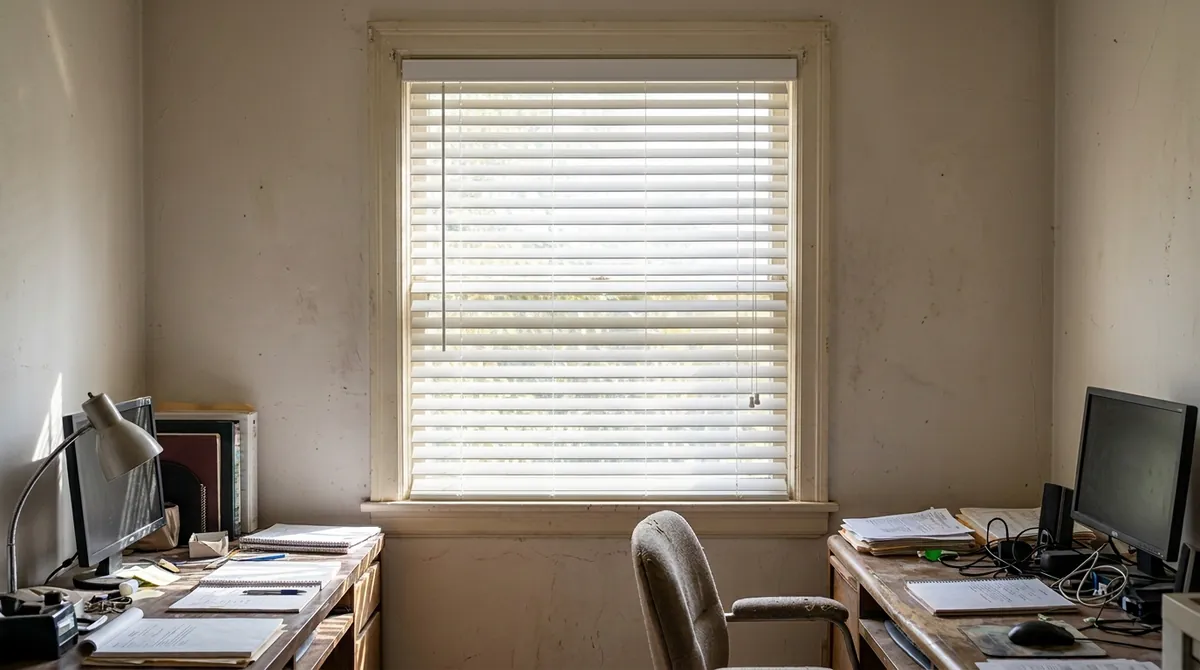 After: Crisp Faux Wood Blinds | Music City Blinds After: The same window, desk and chair, now with crisp white faux wood blinds hanging straight and tilted open, same angle and same light