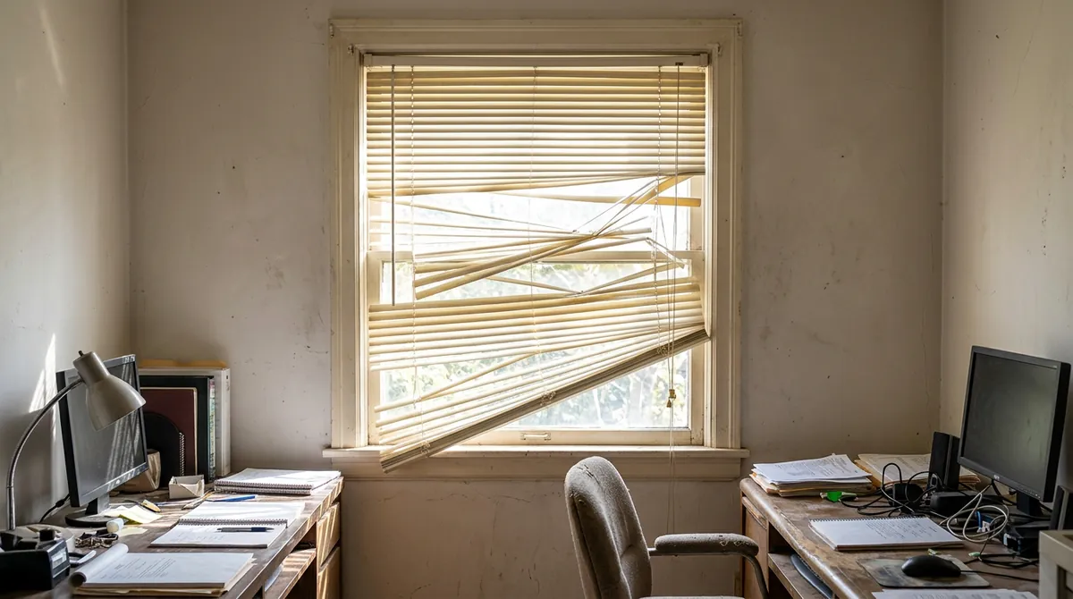 Before: Bent Aluminum Blinds | Music City Blinds Before: A home office window with old bent and broken yellowed aluminum mini blinds with uneven slats hanging crooked, a desk and chair, bright daylight