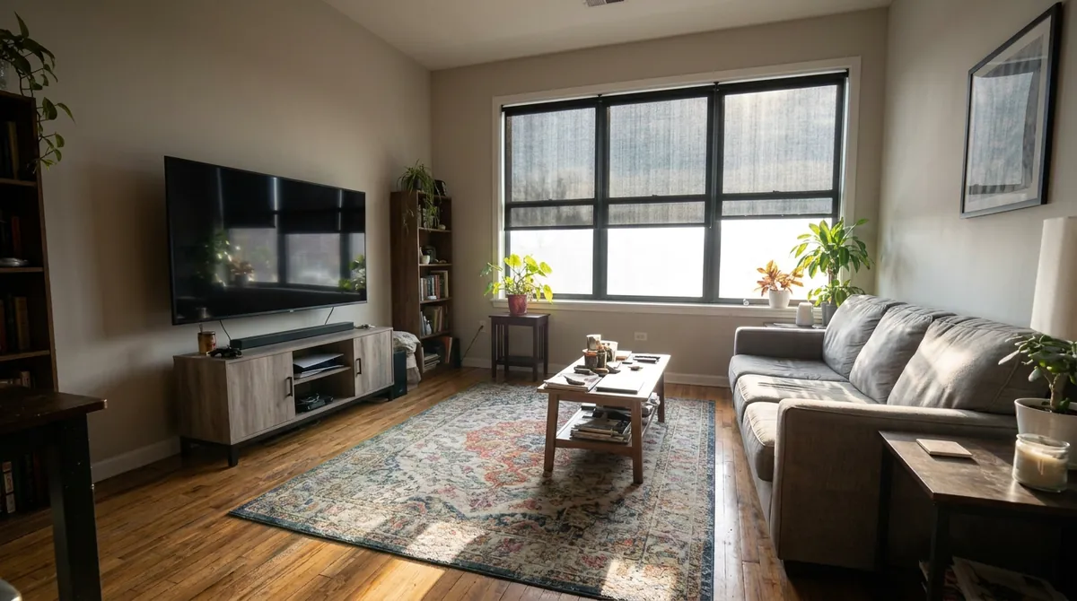 After: Glare-Free Solar Shades | Music City Blinds After: The same room, sofa, television and window, now with charcoal solar shades lowered three-quarters over the window, soft glare-free light, same angle