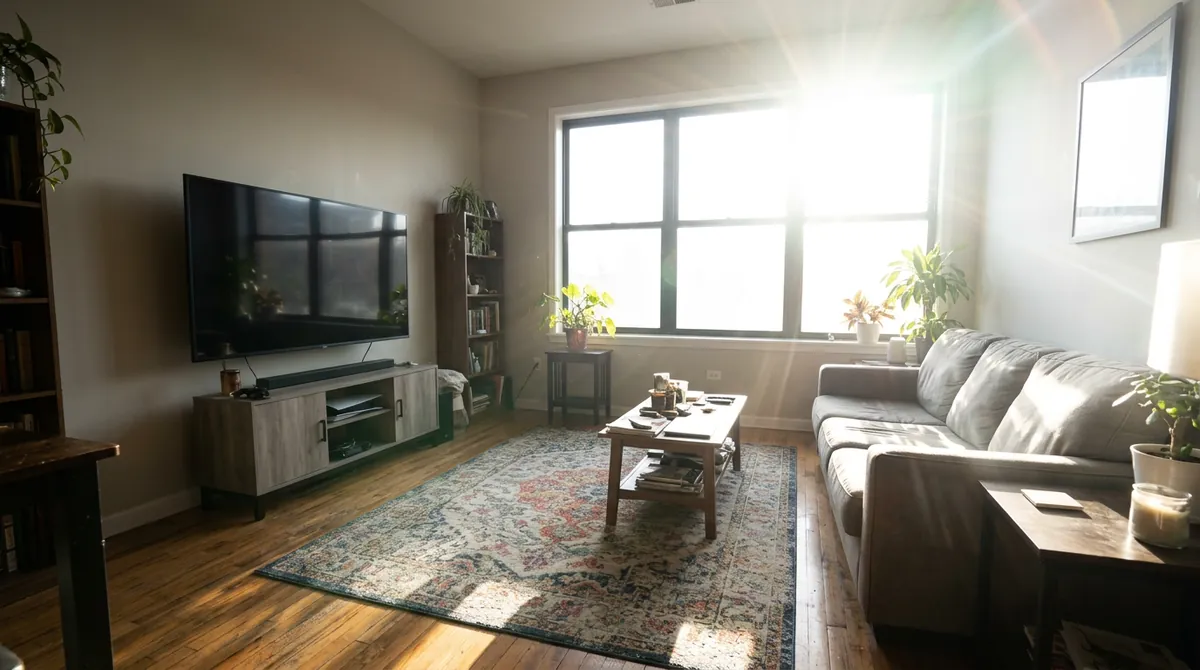 Before: Sun-Washed Room | Music City Blinds Before: A living room with a large unshaded window letting in blinding glare that washes out a sofa and a television, faded rug, bright harsh sun