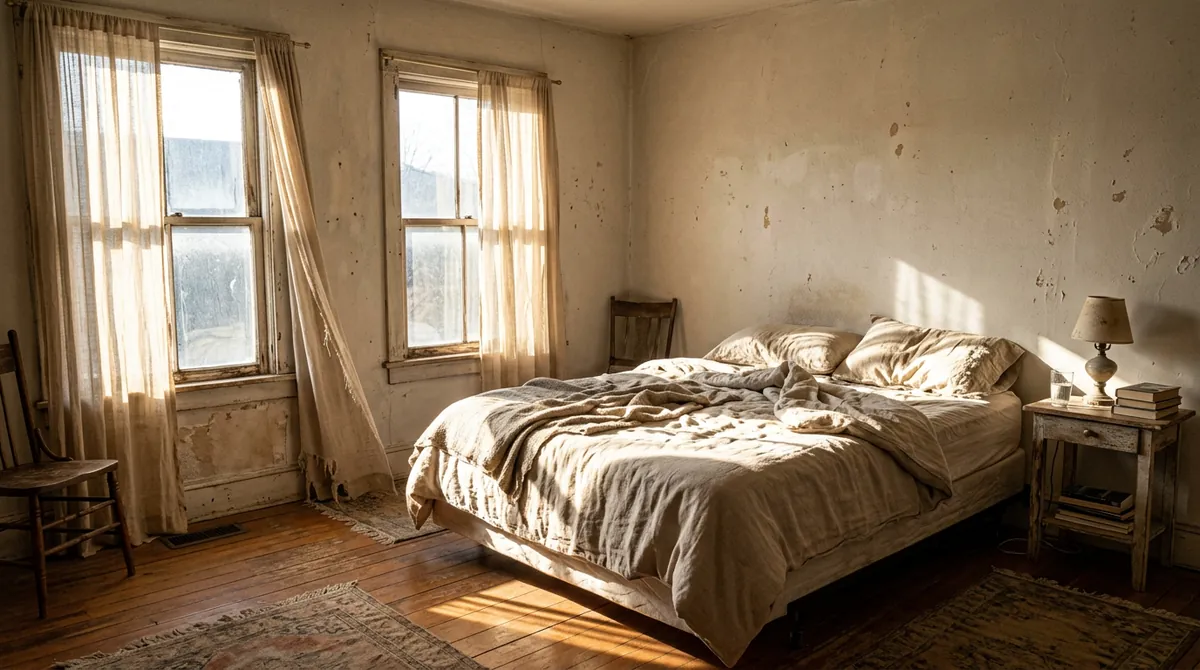 Before: Bright Bedroom | Music City Blinds Before: A bedroom with a bed and two windows with bare glass and thin worn curtains, bright morning sun flooding the bed