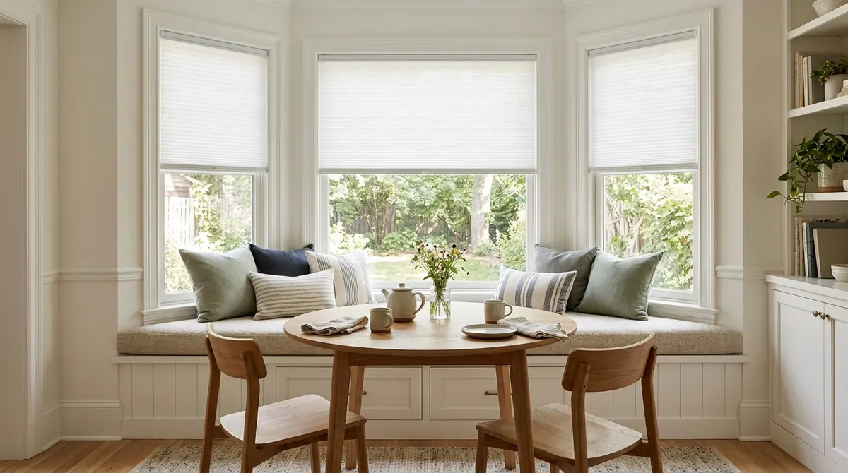 After: Fitted Cellular Shades | Music City Blinds After: The same bay window, seat and cushions, now with white cellular shades fitted to each of the three windows lowered halfway, soft light, same angle