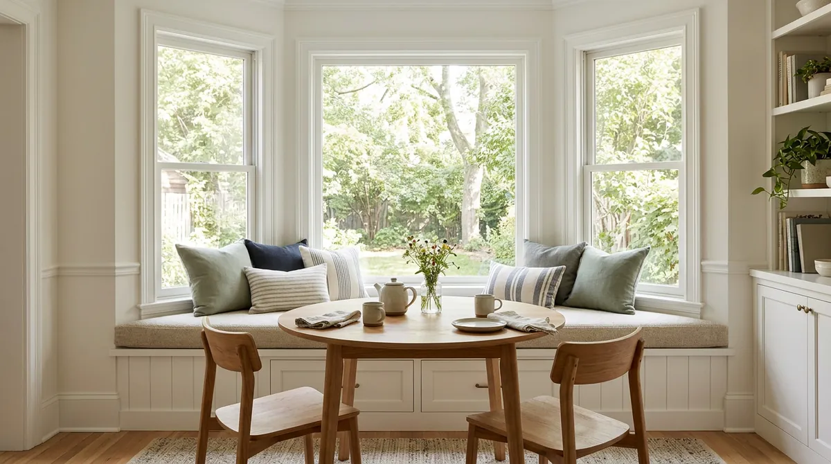 Before: Plain Bay Window | Music City Blinds Before: A breakfast nook bay window with a cushioned window seat and bare glass in all three window panes, bright daylight