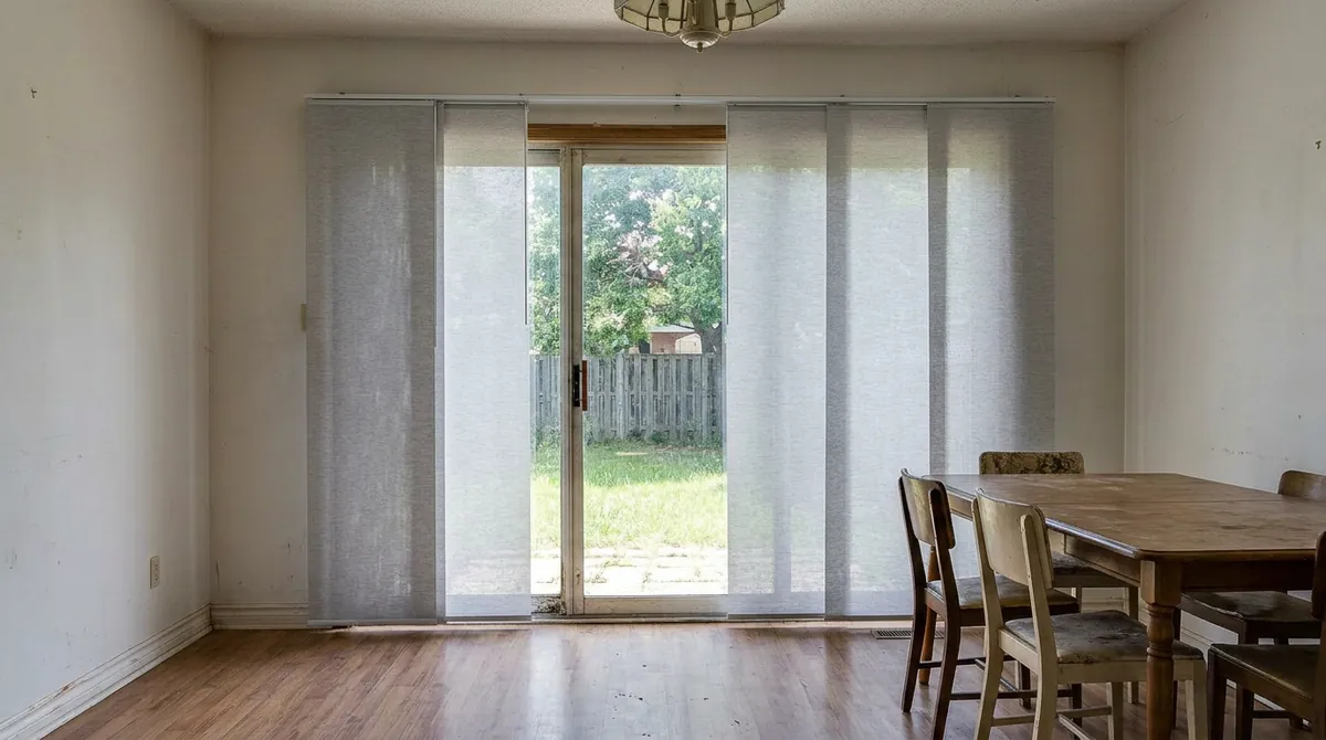 After: Sliding Panel Shades | Music City Blinds After: The same dining area and patio door, now with modern sliding panel shades in light gray fabric, same angle and same light