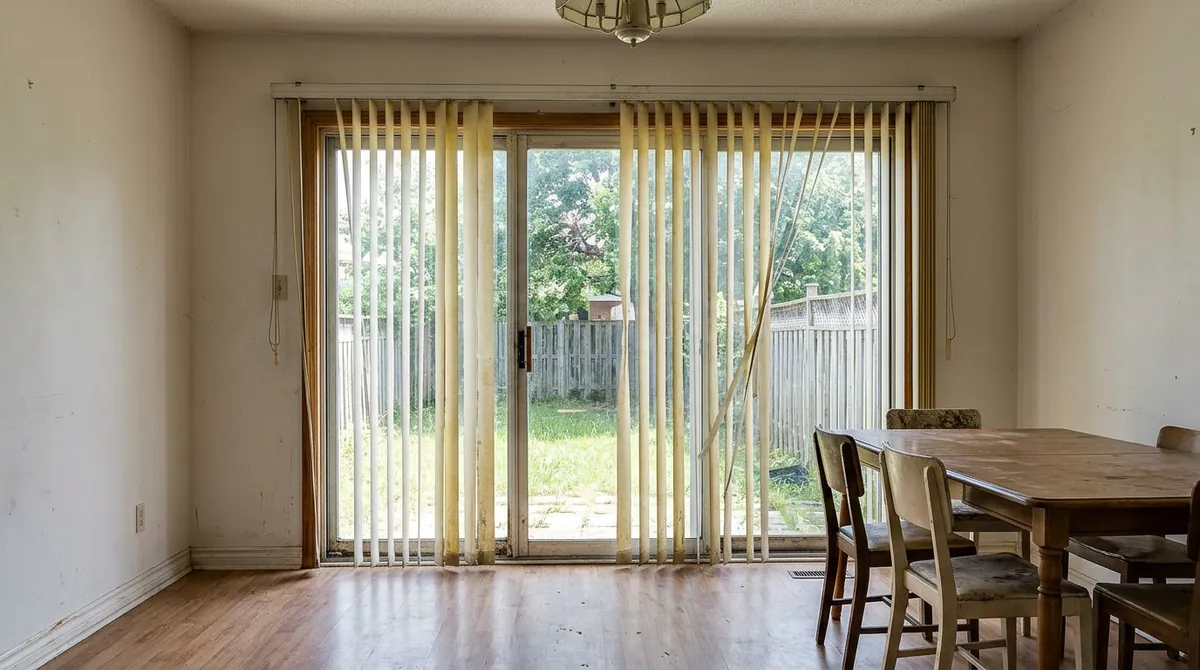 Before: Yellowed Vertical Blinds | Music City Blinds Before: A dining area with a wide sliding patio door covered with dingy yellowed broken vertical blinds with missing slats and a backyard view