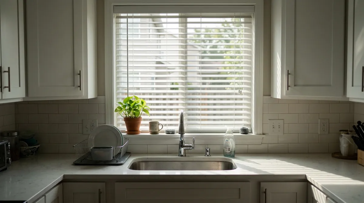 After: Moisture-Friendly Blinds | Music City Blinds After: The same kitchen, sink, cabinets and plant, now with crisp white faux wood blinds tilted partly open on the window, same angle and same light