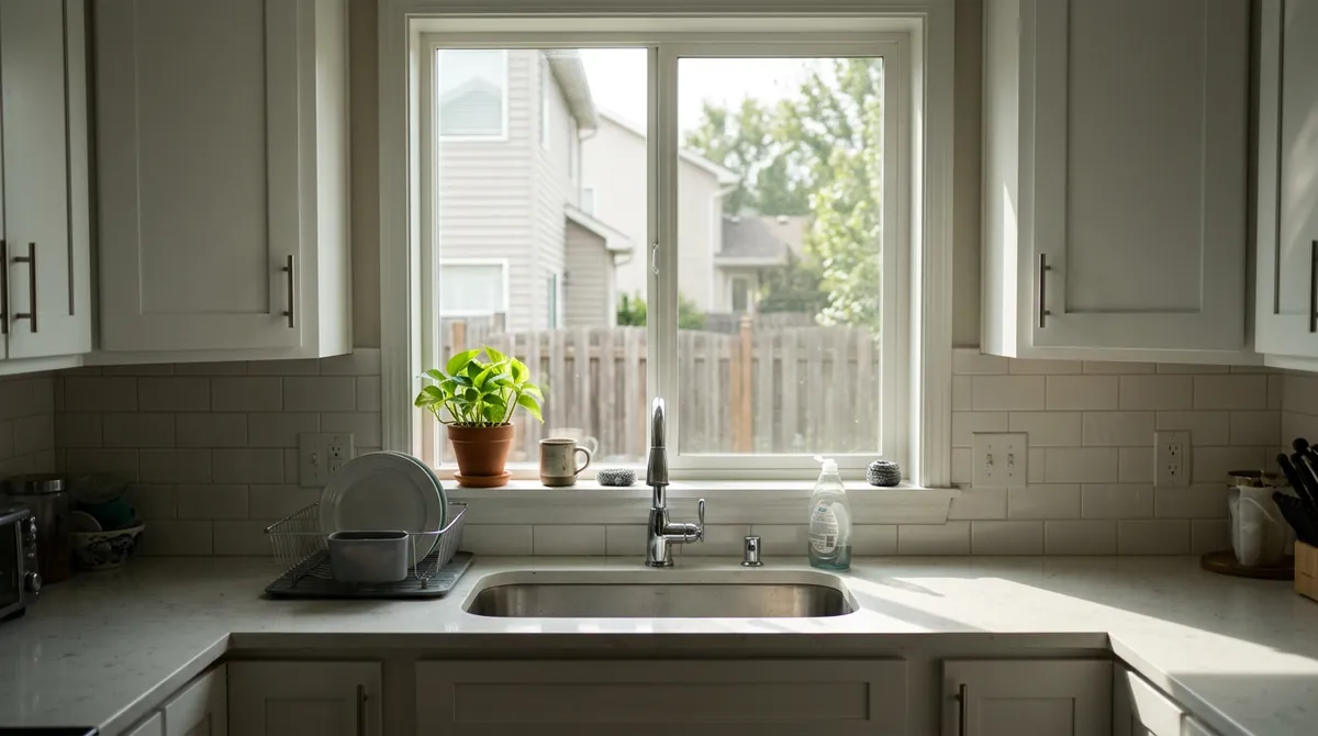 Before: Bare Kitchen Window | Music City Blinds Before: A kitchen window over a sink with no covering, glare on the countertop and a view of the neighbors, white cabinets, a plant on the sill