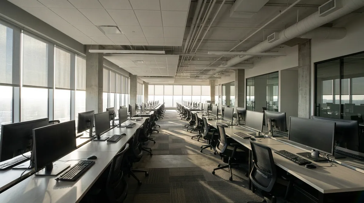 After: Uniform Roller Shades | Music City Blinds After: The same open office, desks and monitors, now with matching light-gray solar roller shades lowered halfway on every window, soft even light, same angle