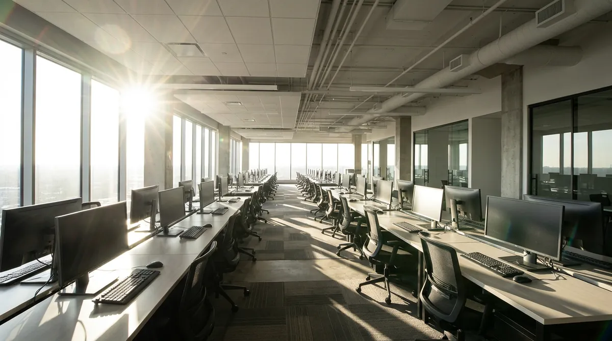 Before: Glaring Office Windows | Music City Blinds Before: An open office with large windows with no coverings and harsh sun glare on rows of empty desks and monitors