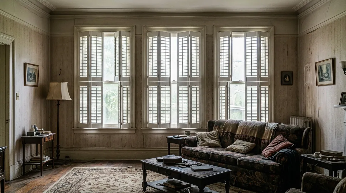 After: Plantation Shutters | Music City Blinds After: The same living room, sofa and windows, now with crisp white plantation shutters tilted open, bright airy light, same angle