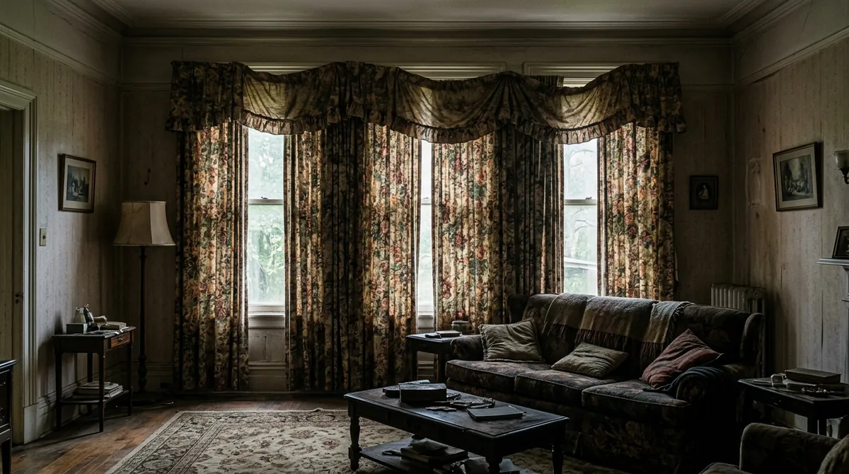 Before: Dated Drapes | Music City Blinds Before: A living room with old heavy dated floral drapes and a faded valance on tall windows, a dark room with a sofa