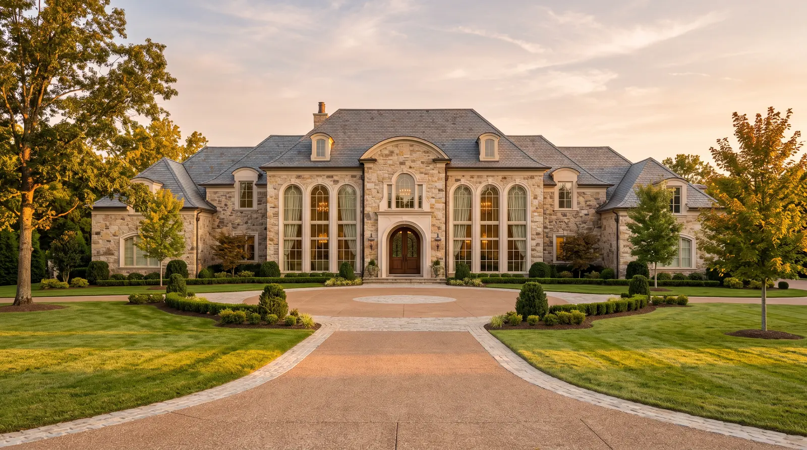 A grand stone estate home in Williamson County with tall arched windows, symmetrical front, manicured lawn and long driveway, with elegant drapery and shades visible through the glass, golden hour light