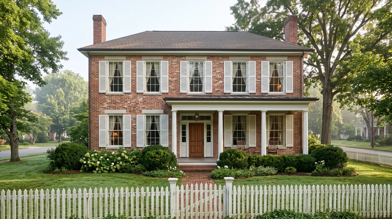 Historic Town Square Home With Tall Windows | Music City Blinds A historic Southern two-story brick home in a small Tennessee town with tall double-hung windows dressed in white shutters and linen drapery visible inside, a front porch, boxwoods and a picket fence, soft morning light