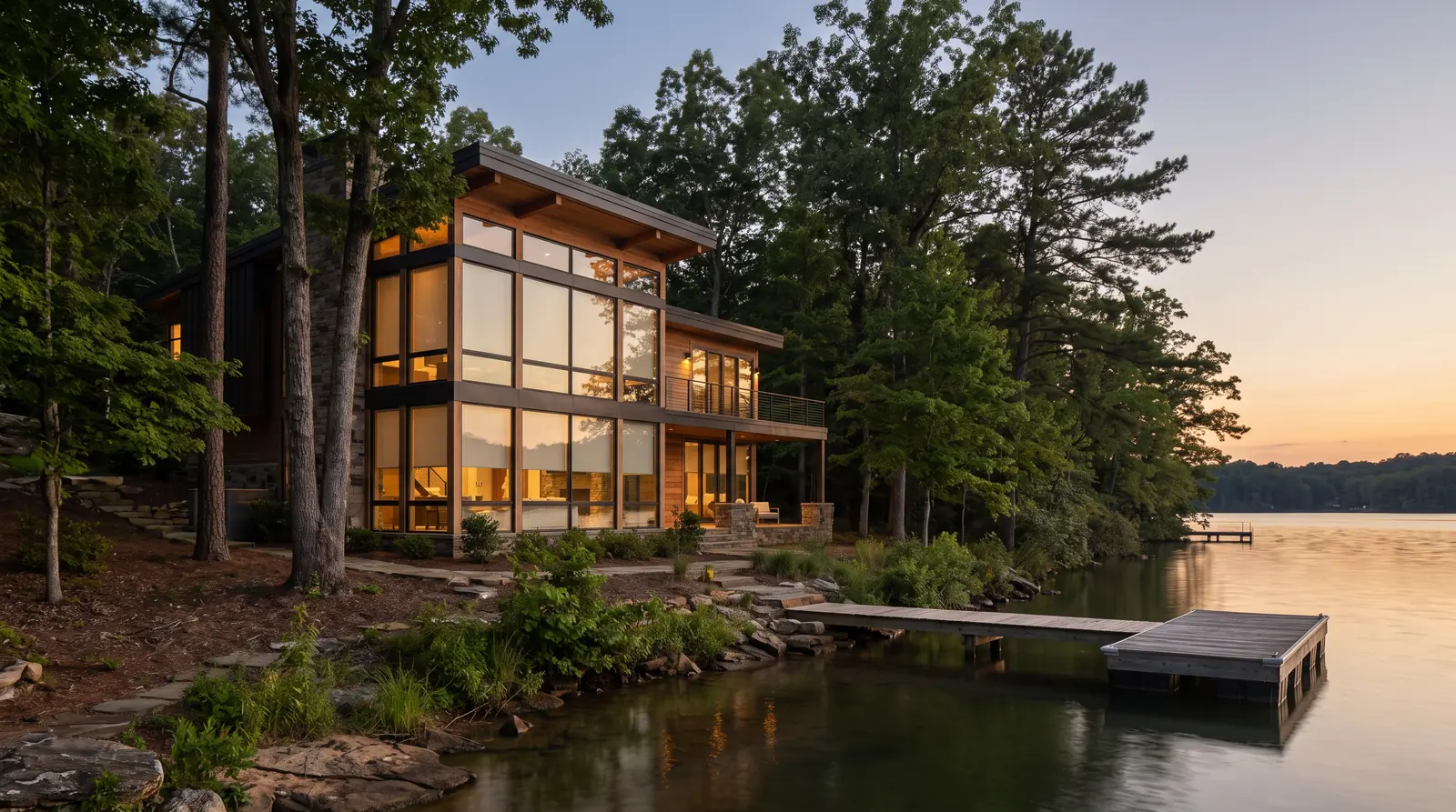Lake Community Home With Large Windows | Music City Blinds A modern lake-community home on a Tennessee lake with large windows overlooking the water and light filtering shades visible inside, a wooden dock, trees and soft evening light, calm and empty