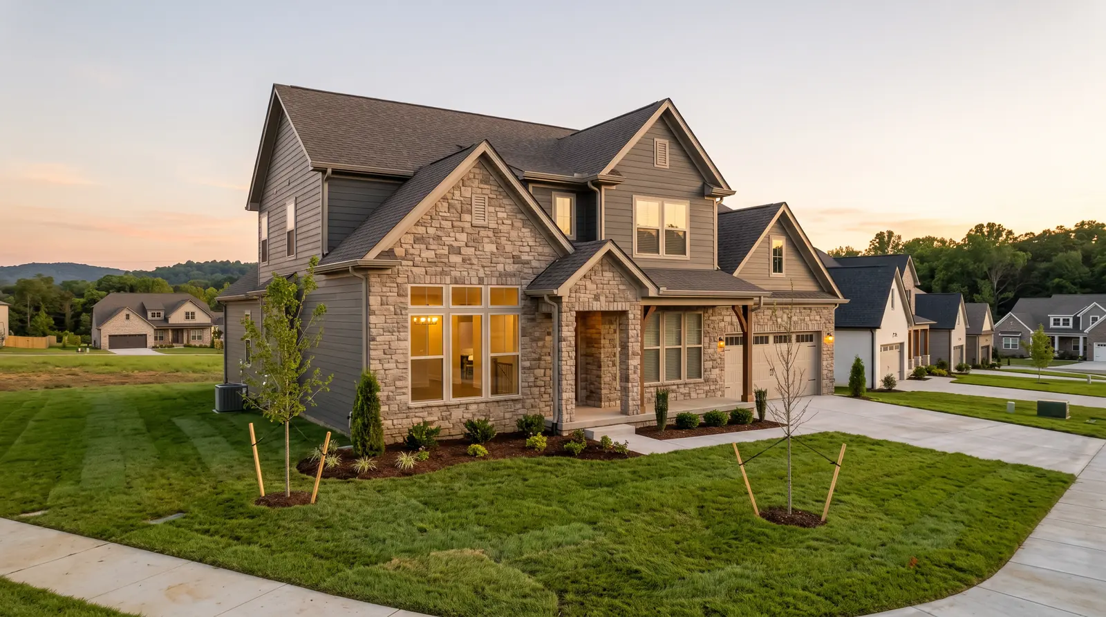 New Neighborhood Home With Large Windows | Music City Blinds A newer two-story stone-and-siding home in a new Tennessee neighborhood with fresh sod and young trees, large front windows still bare on one side and dressed with shades on the other, warm evening light