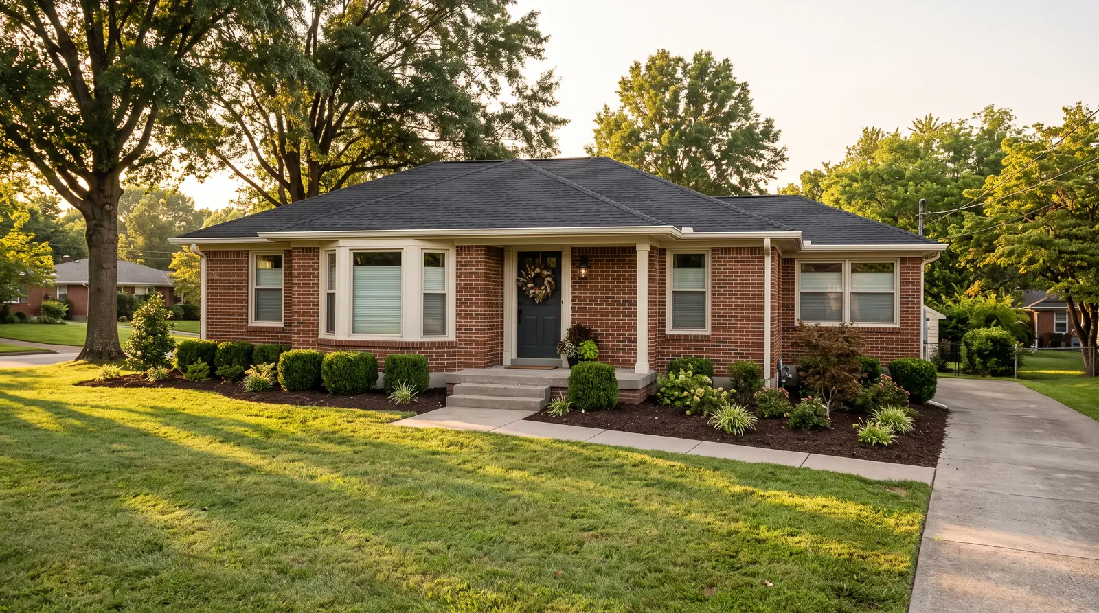 A brick ranch home in an established Middle Tennessee suburb with a bay window on the front, neat landscaping and a front door wreath, with cellular shades visible in the windows, soft late-afternoon light