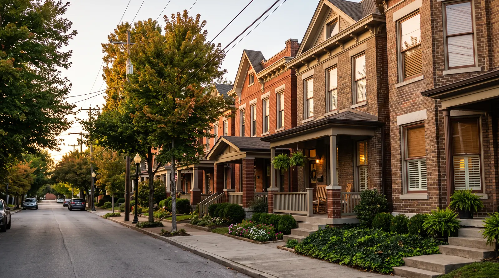 Urban and Historic Neighborhood Homes | Music City Blinds A row of charming brick townhomes and bungalows in an urban Nashville neighborhood at golden hour with tall front windows showing wood blinds and shades, tidy sidewalks and mature street trees, calm and empty