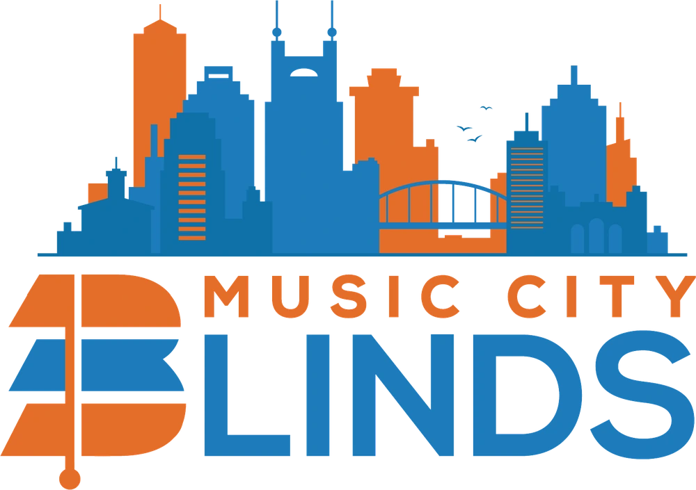 Music City Blinds, Nashville TN Music City Blinds logo with a blue and orange city skyline above the orange words Music City and the blue word Blinds, with a window blind forming the letter B