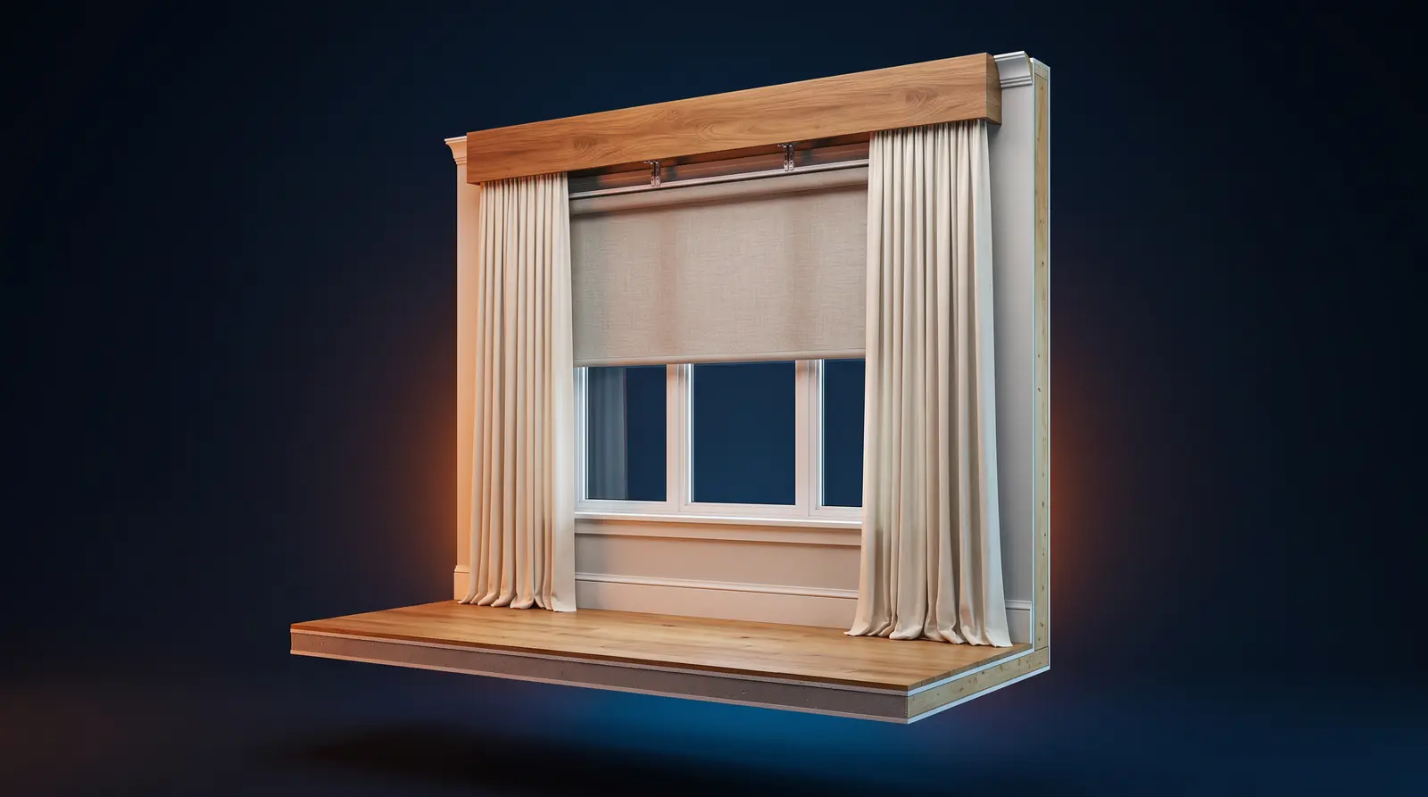 A detailed 3D render of a single large window in a wall cutaway showing a roller shade partly lowered, a wood valance, floor-length drapery panels and a motorized headrail, floating on a dark navy background with a warm orange glow