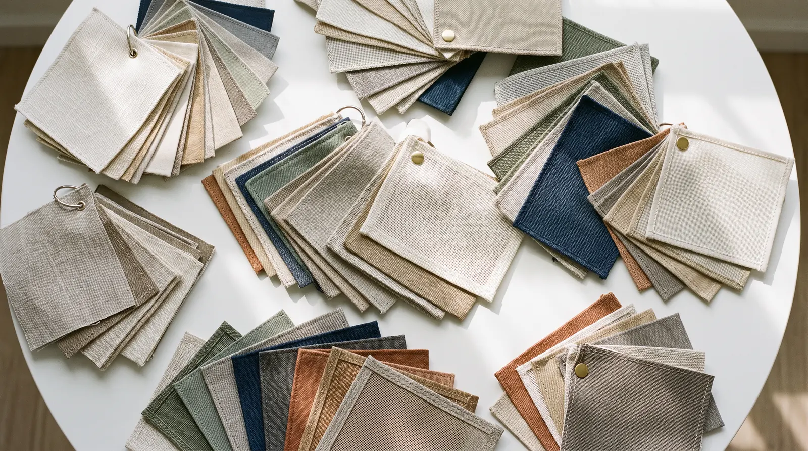 A beautiful overhead flat-lay of dozens of neatly fanned fabric and shade material swatches in cream, sand, gray, sage, navy and terracotta on a white table, soft daylight, shallow depth of field