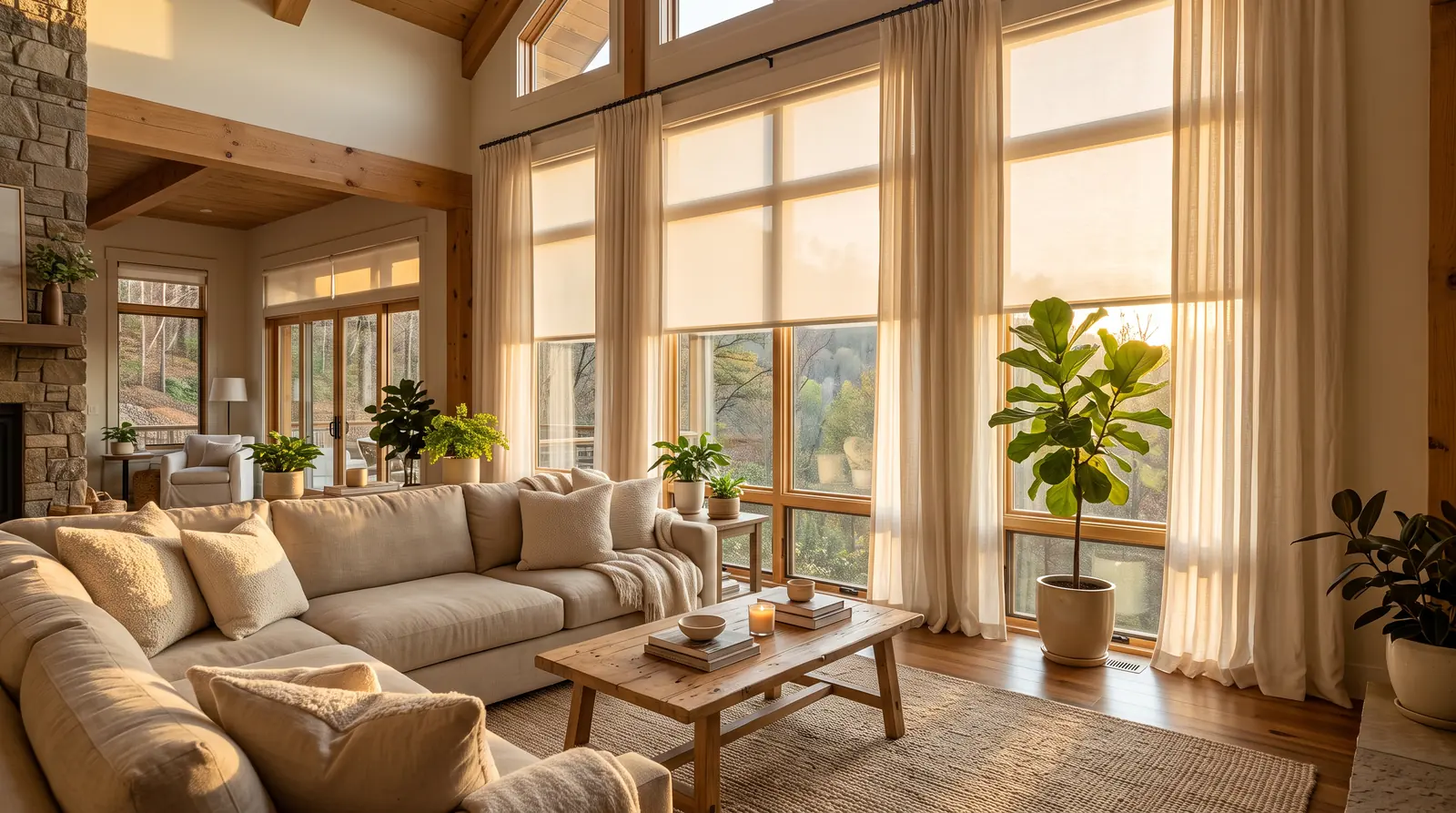 Layered Window Treatments in a Sunlit Living Room | Music City Blinds A breathtaking living room in a Tennessee home with floor-to-ceiling windows dressed in soft cream light-filtering shades half lowered and floor-length linen drapery panels, golden hour sun glowing through the fabric, a cozy sofa, a wood coffee table and green plants, calm and empty