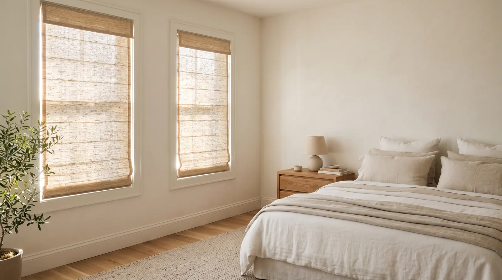Bedroom With Blackout Roman Shades and Soft Morning Light | Music City Blinds A serene primary bedroom with two tall windows dressed in tailored woven Roman shades in warm oatmeal fabric, a neatly made bed with linen bedding, soft morning light glowing at the edges of the shades, a wood nightstand and a small lamp, bright and inviting