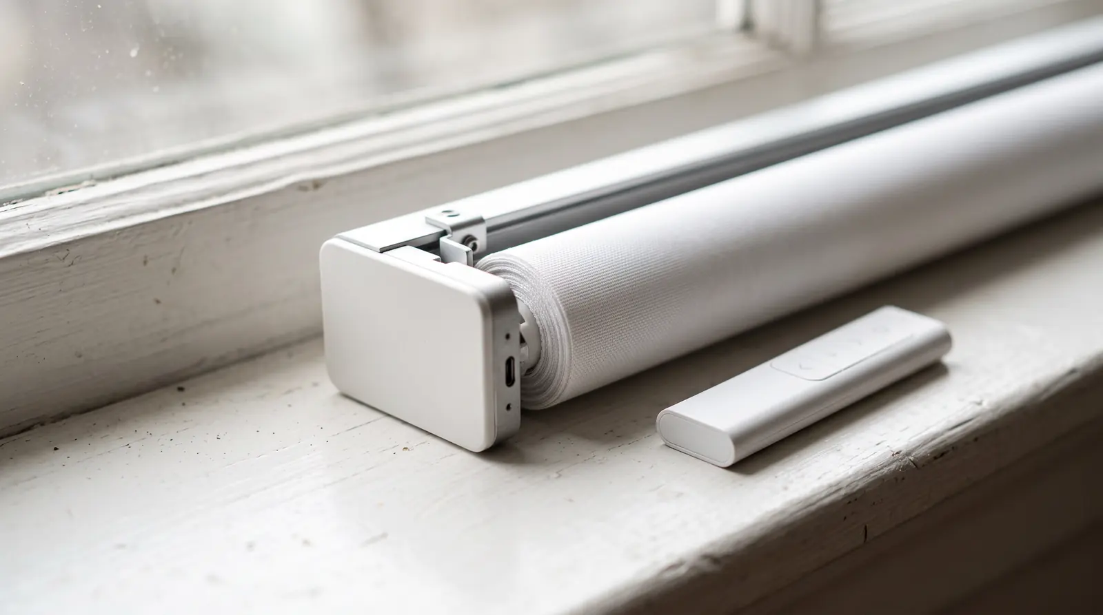A macro close-up of a slim motorized roller shade headrail with a clean white fabric roll and a small remote control resting on a window sill, soft daylight, shallow depth of field