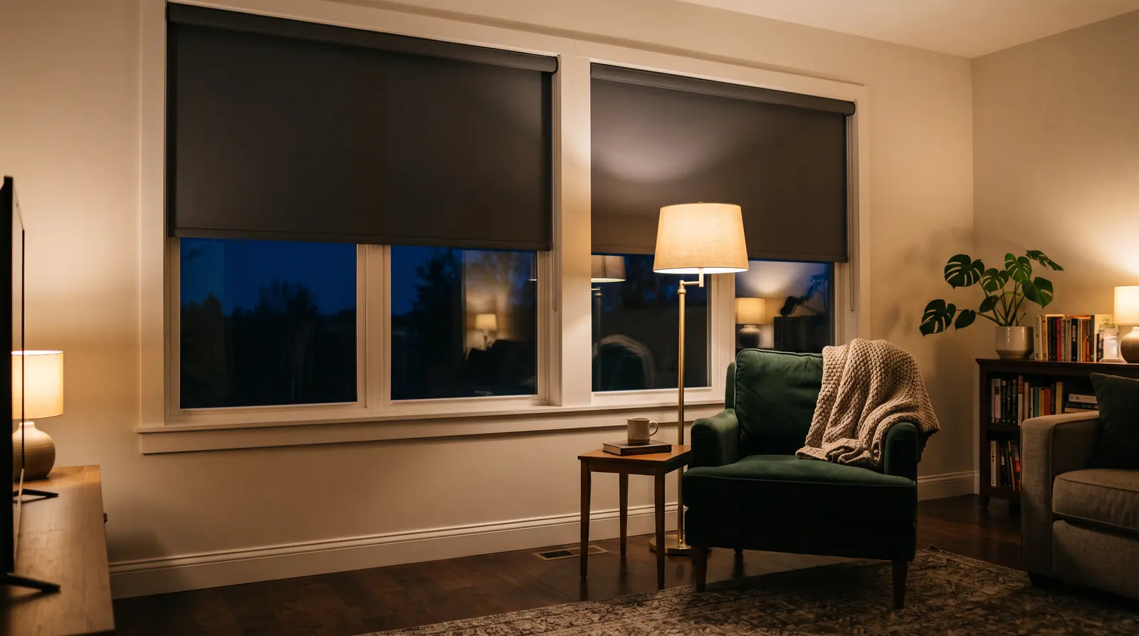 A cozy living room at night with warm lamps glowing, two windows with charcoal blackout roller shades half lowered and a dark blue night sky visible in the gap, a velvet armchair and a throw blanket, calm and empty