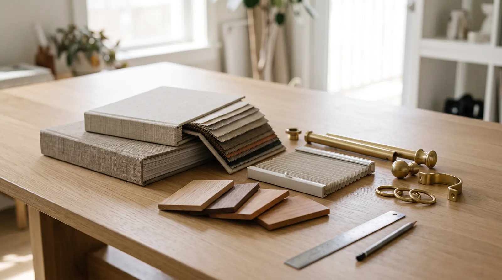 A tidy design table with hardbound fabric sample books, wood slat samples, a cellular shade sample and brass drapery hardware samples arranged neatly, soft window light, shallow depth of field