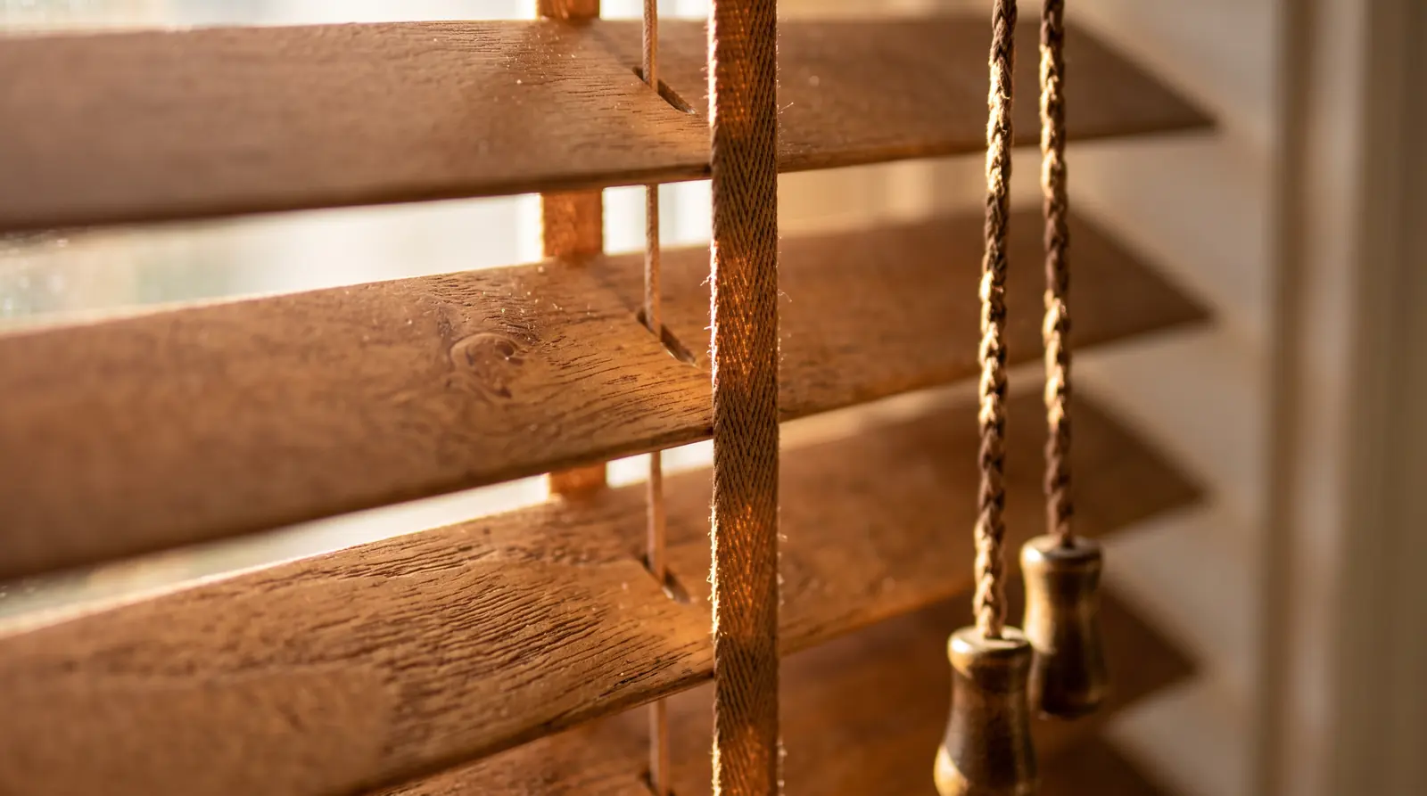 A macro close-up of stained wood blind slats with a ladder string and a cord tilt mechanism, warm raking window light, shallow depth of field