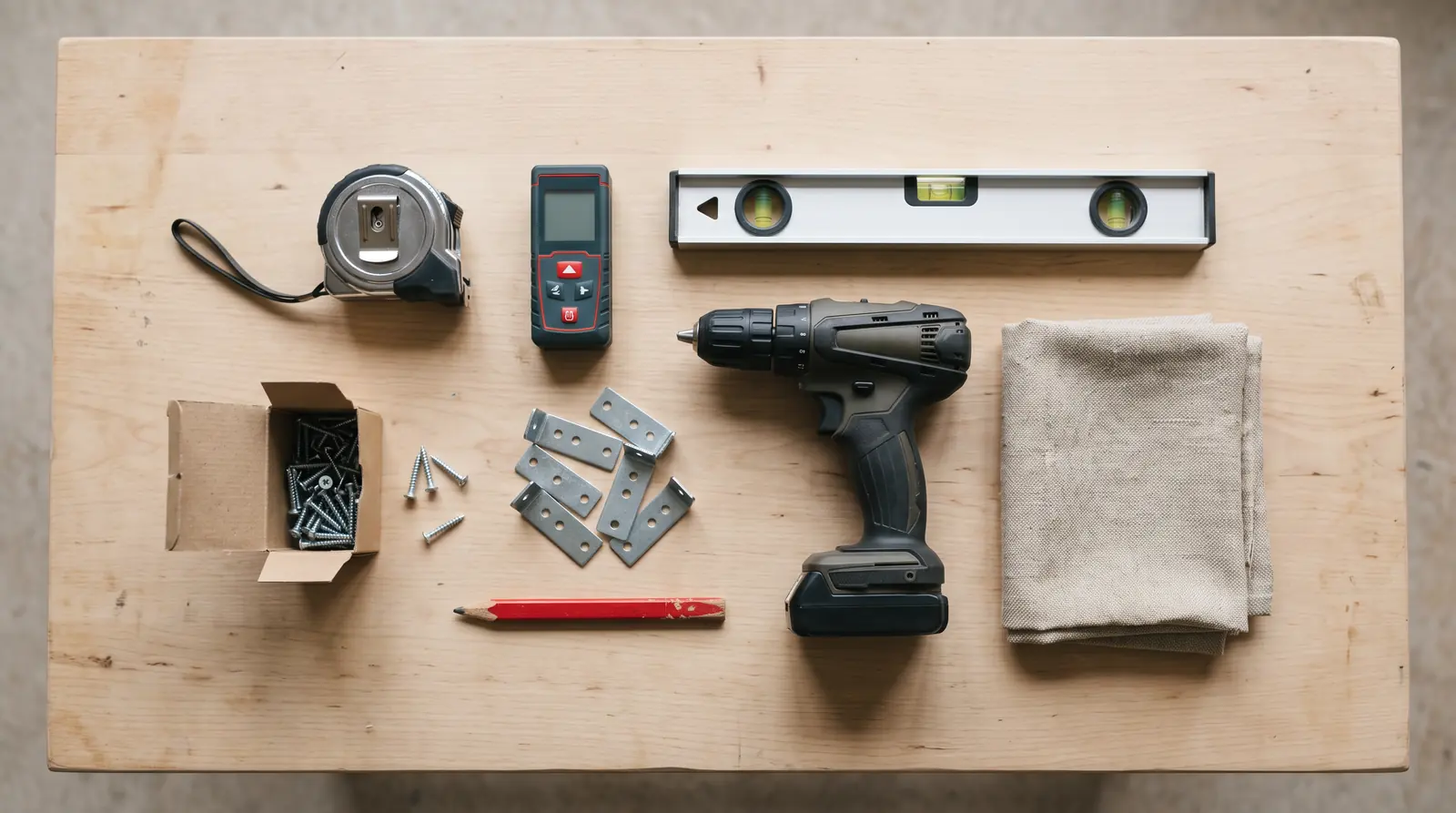 A neat flat-lay on a clean workbench of a steel tape measure, a laser measure, a level, a cordless drill, mounting brackets, a small box of screws and a pencil beside a fabric swatch, soft overhead light, shallow depth of field