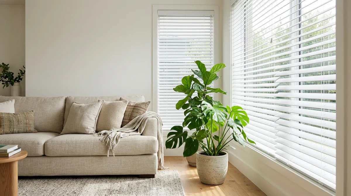 White Faux Wood Blinds | Music City Blinds A bright family room window dressed in crisp white faux wood blinds tilted open, a sofa with pillows and a green plant, soft light