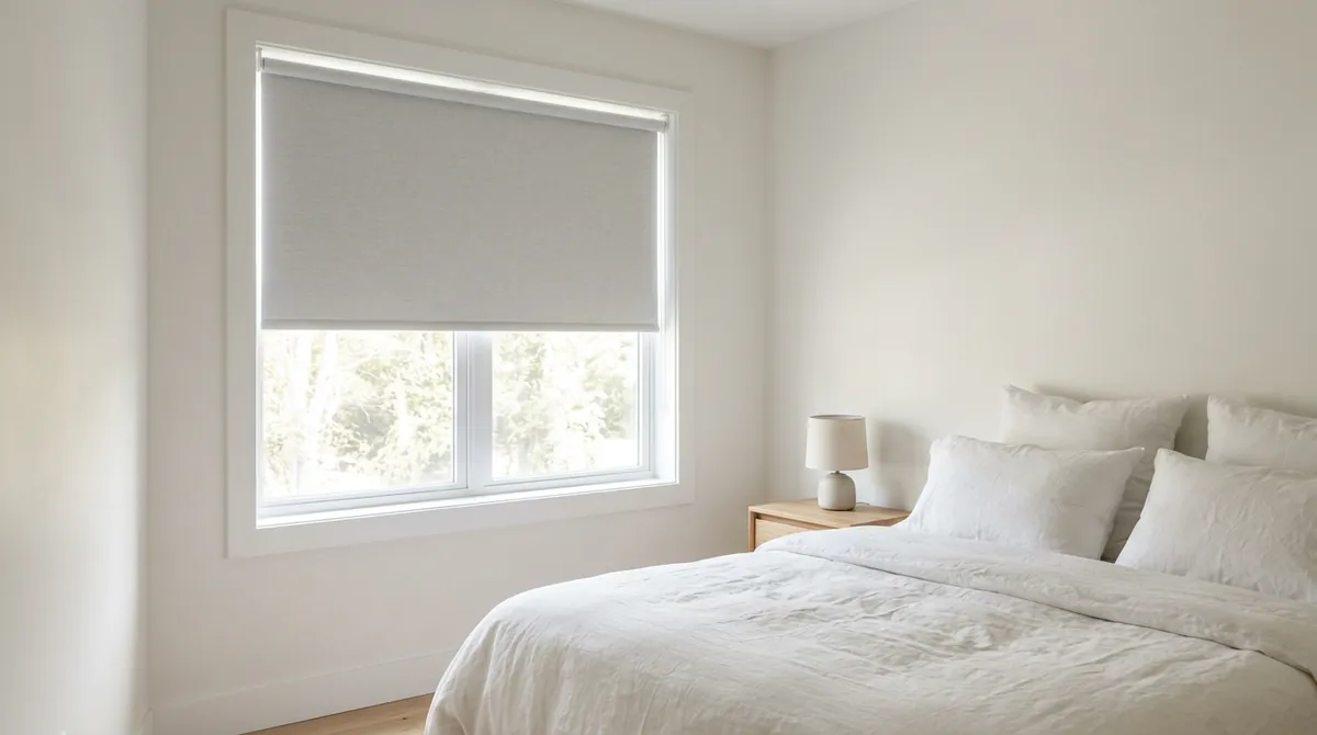 Simple Roller Shades | Music City Blinds A clean bedroom window dressed in a simple light-gray roller shade lowered halfway, a bed with white bedding and a small lamp, soft light