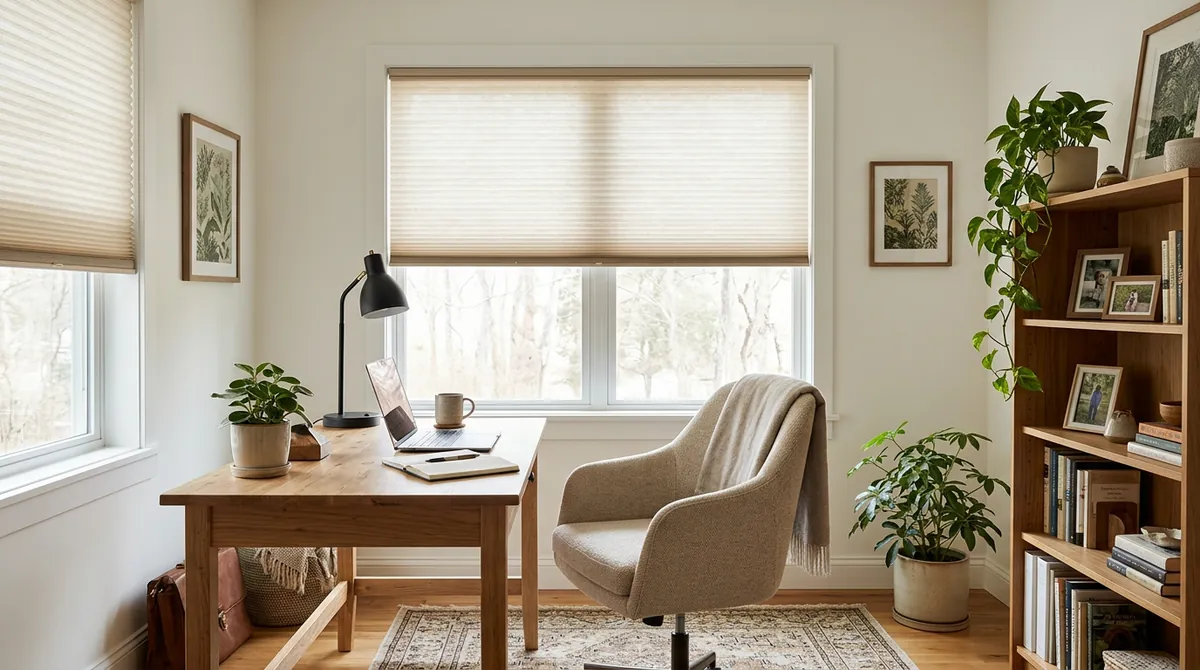 A cozy home office with a window dressed in beige light-filtering cellular shades lowered halfway, a desk and chair, soft even daylight