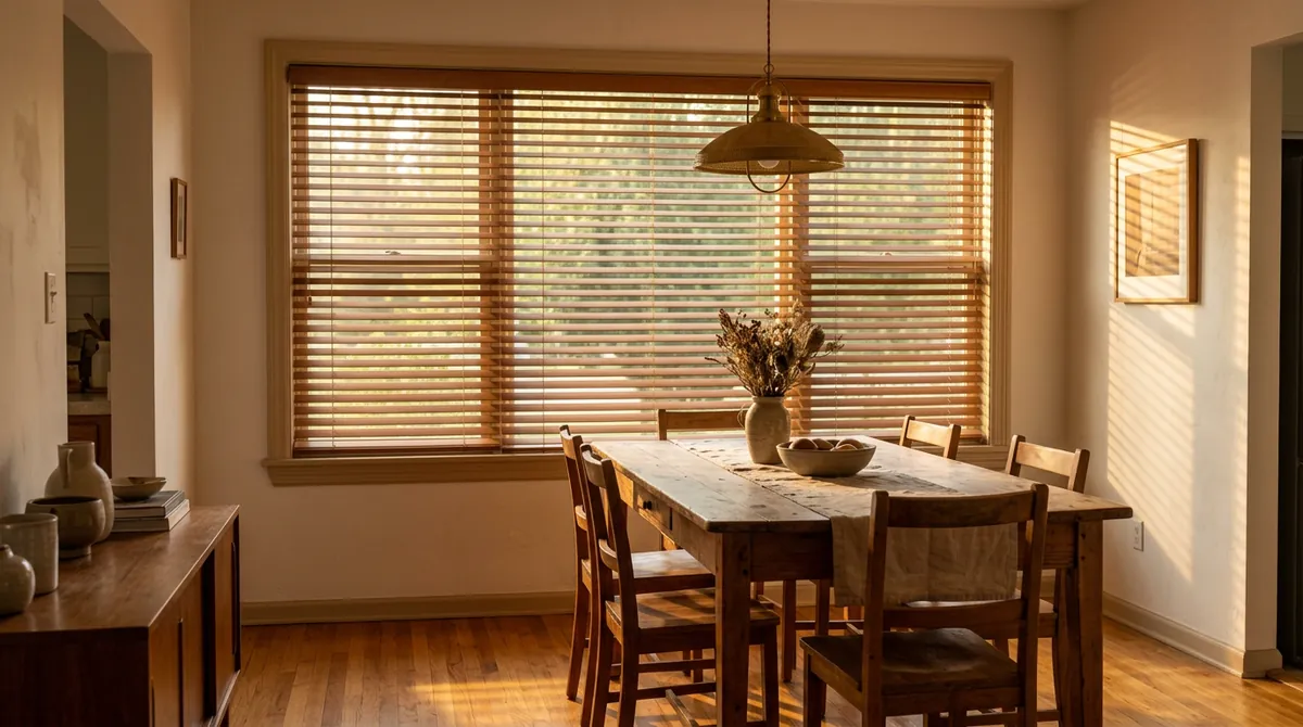 A warm dining room window dressed in medium-stained real wood blinds tilted open, a wood table and chairs, golden light