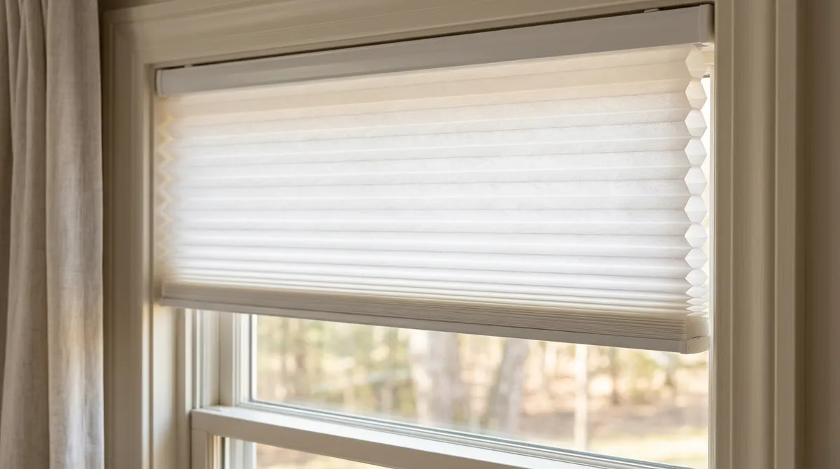 A close view of white honeycomb cellular shades lowered halfway on a window in a calm bedroom, the layered cells visible at the folded top, soft glowing light