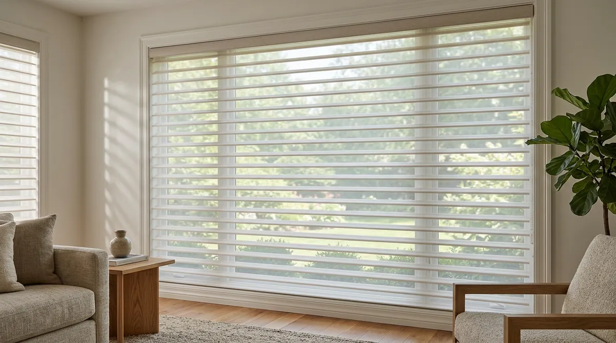 A living room window dressed in sheer layered shades with soft horizontal fabric vanes tilted open, diffused light and a green garden view