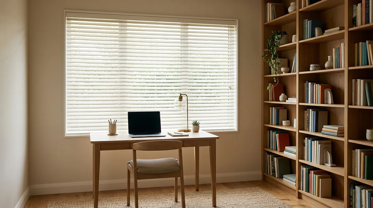 A tidy study window dressed in classic horizontal slat blinds in warm white tilted open, a desk and a bookshelf, soft light